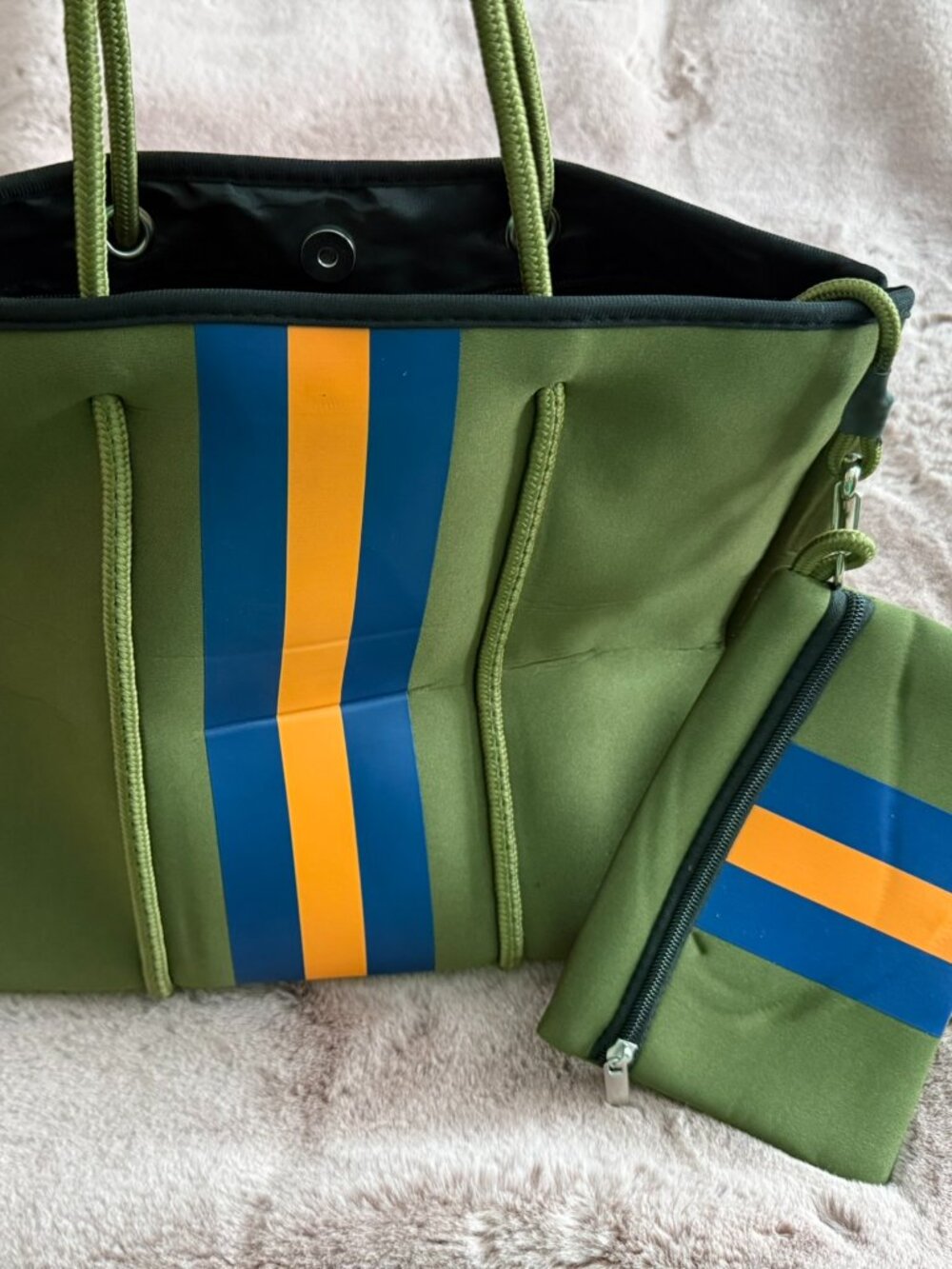 Parker & Hyde Neoprene Tote – Army Green, Navy & Orange Stripe